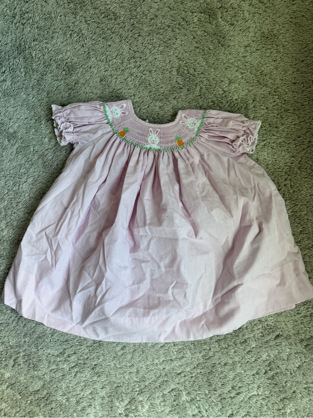 Edgehill Collection Light Pink Smocked Bunny Dress with Green & Orange Accents